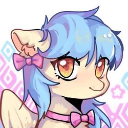 Size: 640x640 | Tagged: safe, artist:kaitlyn23, derpibooru exclusive, oc, oc only, oc:lrivulet, oc:左岸, pegasus, pony, abstract background, bow, bowtie, bust, chinese, commission, cute, ear fluff, female, floppy ears, hair bow, looking at you, mare, portrait, simple background, smiling, smiling at you, solo