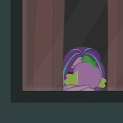Size: 1000x1000 | Tagged: safe, artist:bootsyslickmane, artist:red4567, aria blaze, spike, spike the regular dog, dog, equestria girls, g4, alternate hairstyle, ariaspike, crossed arms, curtains, fanfic, fanfic art, kissing, window