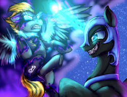 Size: 1500x1142 | Tagged: safe, artist:not-ordinary-pony, derpibooru exclusive, nightmare moon, oc, oc:blaze (shadowbolt), pony, g4, abstract background, clothes, commission, costume, duo, evil smile, glowing eyes, glowing horn, grin, horn, shadowbolts, shadowbolts costume, simple background, smiling, transformation
