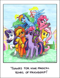 Size: 720x937 | Tagged: safe, artist:texasuberalles, applejack, fluttershy, pinkie pie, rainbow dash, rarity, spike, twilight sparkle, dragon, earth pony, pegasus, pony, unicorn, g4, colored pencil drawing, cowboy hat, dragons riding ponies, end of ponies, female, frog (hoof), golden oaks library, group photo, happy birthday mlp:fim, hat, looking at you, male, mane seven, mane six, mare, marker drawing, mlp fim's ninth anniversary, raised hoof, riding, smiling, telescope, traditional art, underhoof, unicorn twilight