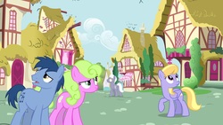 Size: 1920x1080 | Tagged: safe, screencap, blues, cloud kicker, daisy, flower wishes, noteworthy, royal riff, earth pony, pegasus, pony, g4, the big mac question, confused, female, folded wings, frown, looking up, male, mare, ponyville, raised eyebrow, raised hoof, stallion, wings