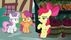 Size: 1920x1080 | Tagged: safe, screencap, apple bloom, scootaloo, sweetie belle, pony, g4, the big mac question, bipedal, bipedal leaning, cutie mark crusaders, leaning