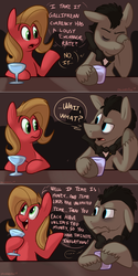 Size: 1200x2404 | Tagged: safe, artist:thedoggygal, doctor whooves, time turner, oc, oc:pun, earth pony, pegasus, pony, ask discorded whooves, ask pun, g4, ask, bar, comic, dialogue, discord whooves, discorded, doctor who, duo, female, glass, mare, pun, tavern, the doctor, tumblr comic