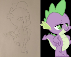 Size: 635x505 | Tagged: artist needed, safe, artist:undeadponysoldier, spike, dragon, g4, comparison, hand on hip, male, raised eyebrow, smug, traditional art