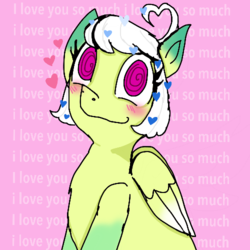 Size: 500x500 | Tagged: safe, artist:princessmuffinart, oc, oc only, pegasus, pony, blushing, heart, in love, looking at you, pink background, simple background, solo, swirly eyes, text