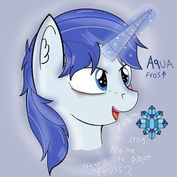 Size: 2500x2500 | Tagged: safe, artist:paperlover, oc, oc only, oc:aqua frost, pony, unicorn, blushing, bust, cutie mark, dialogue, ear fluff, female, high res, magic, magic aura, mare, reference sheet, solo