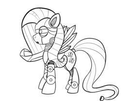 Size: 2400x2000 | Tagged: safe, artist:cybersquirrel, fluttershy, pony, robot, robot pony, g4, flutterbot, high res, inktober, monochrome, simple background, white background