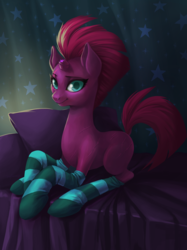Size: 2578x3438 | Tagged: safe, artist:taytinabelle, fizzlepop berrytwist, tempest shadow, pony, unicorn, bed, bedroom, blank flank, blue eyes, broken horn, clothes, colored, cute, digital art, eye scar, eyelashes, female, high res, horn, looking at you, loose fitting clothes, mare, raised tail, scar, sitting, smiling, socks, solo, striped socks, tail, tempestbetes