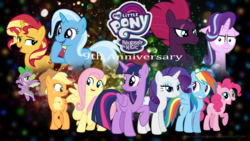 Size: 3840x2160 | Tagged: safe, artist:ejlightning007arts, applejack, fluttershy, pinkie pie, rainbow dash, rarity, spike, starlight glimmer, sunset shimmer, tempest shadow, trixie, twilight sparkle, alicorn, dragon, earth pony, pegasus, pony, unicorn, g4, 9, anniversary, broken horn, clothes, eyes closed, glitter, happy birthday mlp:fim, hat, high res, horn, mane seven, mane six, mlp fim's ninth anniversary, open mouth, rainbow, raised hoof, twilight sparkle (alicorn), wallpaper, winged spike, wings