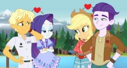 Size: 2300x1232 | Tagged: safe, artist:maretrick, artist:themexicanpunisher, edit, applejack, dirk thistleweed, ragamuffin (g4), rarity, equestria girls, g4, my little pony equestria girls: legend of everfree, appledirk, double date, female, male, rarimuffin, shipping, straight