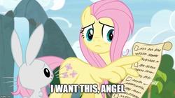 Size: 888x499 | Tagged: safe, edit, edited screencap, screencap, angel bunny, fluttershy, pegasus, pony, rabbit, g4, she talks to angel, animal, discovery family logo, female, male, mare, paper, pointing, wing hands, wings