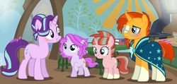 Size: 1280x609 | Tagged: safe, artist:kittypaintyt, starlight glimmer, sunburst, oc, oc:star glow, oc:sunny, pony, g4, alternate hairstyle, base used, blushing, clothes, coat markings, facial markings, family, female, filly, glasses, male, offspring, parent:starlight glimmer, parent:sunburst, parents:starburst, robe, ship:starburst, shipping, socks (coat markings), star (coat marking), straight, sunburst's cloak, sunburst's glasses, watermark