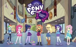 Size: 1440x900 | Tagged: safe, applejack, fluttershy, pinkie pie, rainbow dash, rarity, sci-twi, spike, spike the regular dog, sunset shimmer, twilight sparkle, dog, equestria girls, g4, my little pony equestria girls: better together, converse, equestria girls logo, geode of empathy, geode of fauna, geode of shielding, geode of sugar bombs, geode of super speed, geode of super strength, geode of telekinesis, humane five, humane seven, humane six, magical geodes, poster, shoes, spike's dog collar