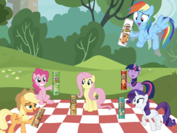 Size: 1024x768 | Tagged: safe, applejack, fluttershy, pinkie pie, rainbow dash, rarity, twilight sparkle, alicorn, pony, g4, chips, food, mane six, picnic, ponyville, potato chips, pringles, product placement, twilight sparkle (alicorn)