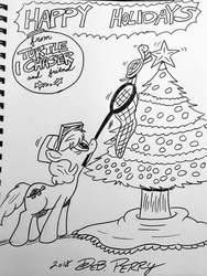 Size: 2855x3796 | Tagged: safe, artist:debmervin, oc, oc:turtle chaser, pony, turtle, black and white, christmas, christmas tree, grayscale, high res, holiday, monochrome, net, tree