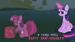 Size: 1920x1080 | Tagged: safe, artist:raindashesp, twilight sparkle, alicorn, pony, unicorn, g4, book, glowing horn, happy birthday mlp:fim, horn, magic, mlp fim's ninth anniversary, twilight sparkle (alicorn), unicorn twilight