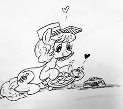 Size: 2960x2645 | Tagged: safe, artist:debmervin, oc, oc:turtle chaser, pony, turtle, black and white, cute, food, grayscale, hat, high res, monochrome, petting