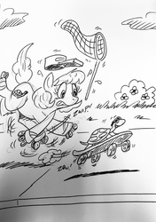 Size: 2765x3917 | Tagged: safe, artist:debmervin, oc, oc:turtle chaser, pony, turtle, black and white, chase, grayscale, high res, monochrome, net, roller skates, sidewalk, skateboard, tripping