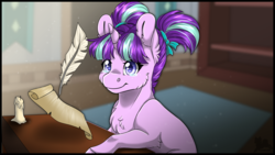 Size: 3840x2160 | Tagged: safe, artist:pillonchou, starlight glimmer, pony, unicorn, g4, alternate hairstyle, candle, cloven hooves, crying, cute, female, filly, filly starlight glimmer, glimmerbetes, high res, indoors, scroll, smiling, solo, younger