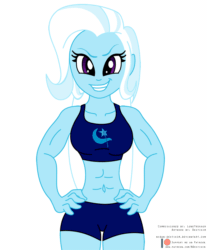 Size: 1200x1446 | Tagged: safe, artist:niban-destikim, trixie, equestria girls, g4, abs, animated, biceps, commission, female, gif, grand and muscular trixie, grin, kissing, looking at you, muscles, muscular female, simple background, smiling, white background
