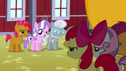 Size: 1280x720 | Tagged: safe, screencap, apple bloom, babs seed, diamond tiara, scootaloo, silver spoon, sweetie belle, earth pony, pegasus, pony, unicorn, g4, one bad apple, season 3, apple bloom's bow, bow, cutie mark crusaders, female, filly, glasses, hair bow, jewelry, necklace, pearl necklace, photo, tiara