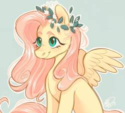 Size: 938x852 | Tagged: safe, artist:toybites, fluttershy, pegasus, pony, g4, bust, cute, female, floral head wreath, flower, looking away, mare, outline, portrait, shyabetes, simple background, sitting, smiling, solo, spread wings, three quarter view, white outline, wings