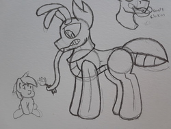 Size: 2576x1932 | Tagged: safe, artist:drheartdoodles, oc, oc:xi, ant pony, insect, pony, abdomen, antennae, background character, female, filly, long tongue, mandibles, size difference, tongue out