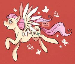 Size: 967x826 | Tagged: safe, artist:peechysweet, fluttershy, butterfly, pegasus, pony, g4, female, looking up, mare, profile, smiling, solo, spread wings, windswept mane, wings