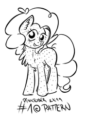 Size: 2592x3659 | Tagged: safe, artist:coco-drillo, pinkie pie, earth pony, pony, g4, chest fluff, cute, dots, ear fluff, female, happy, high res, inktober, monochrome, pattern, pinktober, polka dots, smiling, solo, standing, wavy mane