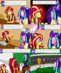 Size: 2000x2400 | Tagged: safe, artist:jake heritagu, adagio dazzle, aria blaze, sci-twi, sunset shimmer, twilight sparkle, oc, oc:sparkling sapphire, comic:aria's archives, equestria girls, g4, alcohol, bar, blushing, blushing profusely, chalkboard, clothes, comic, dialogue, drunk, female, flashback, glasses, high res, lesbian, magical lesbian spawn, offspring, parent:sci-twi, parent:sunset shimmer, parents:scitwishimmer, ship:sunsagio, ship:sunsetsparkle, shipping, speech bubble, suit, sunblaze, sunset shimmer gets all the dazzlings