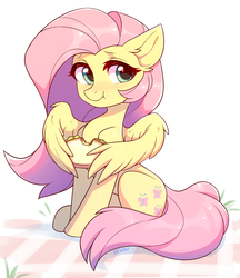 Size: 1725x2000 | Tagged: safe, artist:fensu-san, fluttershy, pegasus, pony, g4, blushing, cute, ear fluff, eating, female, food, happy birthday mlp:fim, mare, mlp fim's ninth anniversary, picnic, sandwich, shyabetes, sitting, solo, wing hands, wing hold, wings