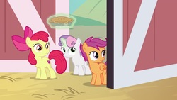 Size: 1920x1080 | Tagged: safe, screencap, apple bloom, scootaloo, sweetie belle, earth pony, pegasus, pony, unicorn, g4, the big mac question, apple bloom's bow, barn, bow, cutie mark crusaders, female, filly, folded wings, food, hair bow, magic, pie, wings