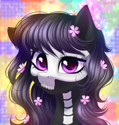 Size: 2000x2106 | Tagged: safe, artist:hakaina, oc, oc only, oc:witch, earth pony, pony, flower, flower in hair, high res, purple eyes, solo, tattoo, ych result