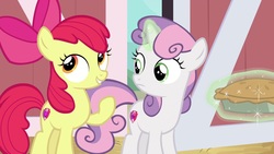 Size: 1920x1080 | Tagged: safe, screencap, apple bloom, sweetie belle, earth pony, pony, g4, the big mac question, barn, food, magic, pie