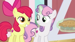 Size: 1920x1080 | Tagged: safe, screencap, apple bloom, sweetie belle, earth pony, pony, g4, the big mac question, barn, food, magic, pie