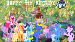 Size: 1280x720 | Tagged: safe, artist:kayman13, applejack, fluttershy, pinkie pie, rainbow dash, rarity, spike, starlight glimmer, trixie, twilight sparkle, oc, oc:kellen, alicorn, dragon, earth pony, pegasus, pony, unicorn, g4, birthday cake, cake, food, happy birthday, happy birthday mlp:fim, hat, mane seven, mane six, mlp fim's ninth anniversary, party hat, twilight sparkle (alicorn), winged spike, wings