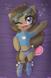 Size: 3250x5000 | Tagged: safe, artist:darkest-lunar-flower, oc, oc only, oc:dawnsong, earth pony, pony, bed, belly button, choker, clothes, female, glasses, looking at you, mare, midriff, one eye closed, open mouth, panties, pillow, pom pom, shirt, shirt lift, short shirt, smiling, socks, solo, striped socks, striped underwear, t-shirt, underwear