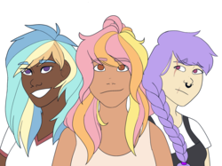Size: 2732x2048 | Tagged: safe, artist:icicle-niceicle-1517, artist:snows-undercover, color edit, edit, oc, oc only, oc:broken gears, oc:joyful citrine, oc:pastel aerosol, human, clothes, colored, dark skin, eye scar, female, high res, humanized, humanized oc, multicolored hair, nose piercing, nose ring, overalls, piercing, scar, shirt, simple background, t-shirt, tank top, transparent background