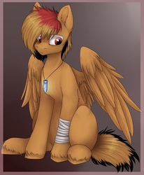 Size: 640x776 | Tagged: safe, artist:froststarlight, oc, oc only, oc:lightningbeat, pegasus, pony, bandage, bandaged leg, chest fluff, crystal, fluffy, jewelry, looking away, lowres, male, necklace, pendant, request, shy, simple background, sitting, solo, spread wings, tired, wings