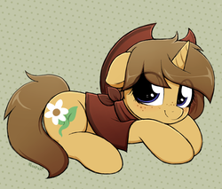 Size: 3820x3257 | Tagged: safe, artist:moozua, oc, oc only, oc:buckwheat, pony, unicorn, blushing, clothes, cowboy hat, cute, female, floppy ears, freckles, hat, high res, looking at you, mare, ocbetes, poncho, prone, smiling, stetson