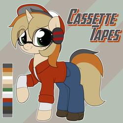 Size: 3000x3000 | Tagged: safe, artist:moozua, oc, oc only, oc:cassette tapes, pony, unicorn, boots, clothes, female, glasses, hat, headphones, high res, jacket, jeans, mare, pants, reference sheet, shoes