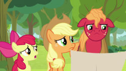 Size: 1920x1080 | Tagged: safe, screencap, apple bloom, applejack, big macintosh, earth pony, pony, g4, going to seed, apple bloom's bow, applejack's hat, bow, cowboy hat, female, filly, hair bow, hat, male, mare, stallion