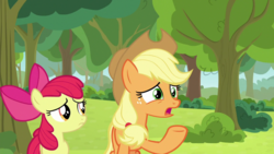 Size: 1920x1080 | Tagged: safe, screencap, apple bloom, applejack, earth pony, pony, g4, going to seed, apple bloom's bow, applejack's hat, bow, cowboy hat, duo, duo female, female, filly, hair bow, hat, mare