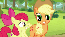 Size: 1920x1080 | Tagged: safe, screencap, apple bloom, applejack, earth pony, pony, g4, going to seed, adorabloom, apple bloom's bow, applejack's hat, bow, cowboy hat, cute, duo, duo female, female, filly, hair bow, hat, jackabetes, mare, smiling