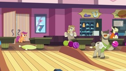 Size: 1920x1080 | Tagged: safe, screencap, colter sobchak, jeff letrotski, scootaloo, theodore donald "donny" kerabatsos, earth pony, pegasus, pony, g4, the big mac question, background pony, bowling alley, bowling ball, donny, female, filly, male, movie reference, raised hoof, stallion, the dude