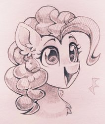Size: 1738x2048 | Tagged: safe, artist:trickate, pinkie pie, earth pony, pony, g4, bust, cute, diapinkes, ear fluff, female, monochrome, portrait, simple background, sketch, smiling, solo, traditional art, white background