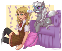 Size: 2428x2019 | Tagged: safe, artist:taytinabelle, derpibooru exclusive, silver spoon, oc, oc:lauren steffords, earth pony, human, pony, g4, accessory, braid, braided ponytail, brushing, clothes, commission, couch, cute, cutie mark, digital art, dress, fanfic art, female, glasses, hairbrush, happy, high res, jewelry, looking at you, mare, mouth hold, necklace, older, older silver spoon, open mouth, pearl necklace, pleated skirt, silverbetes, simple background, skirt, smiling, socks, thigh highs, transparent background, zettai ryouiki