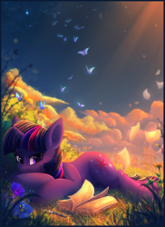 Size: 1618x2218 | Tagged: safe, artist:atlas-66, twilight sparkle, butterfly, insect, ladybug, pony, unicorn, fanfic:the star in yellow, book, commission, cute, fanfic, fanfic art, female, flower, mare, pen, prone, smiling, solo, twiabetes, unicorn twilight