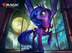 Size: 1400x1028 | Tagged: safe, artist:john thacker, artist:johnofthenorth, nightmare moon, princess luna, alicorn, pony, friendship is magic, g4, official, female, full moon, hoof shoes, magic the gathering, mare, mare in the moon, moon, ponies the galloping, raised hoof, s1 luna, solo