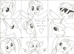 Size: 4671x3400 | Tagged: safe, artist:2shyshy, applejack, fluttershy, pinkie pie, princess celestia, princess luna, rainbow dash, rarity, spike, twilight sparkle, alicorn, dragon, earth pony, pegasus, pony, unicorn, g4, happy anniversary, happy birthday mlp:fim, heart, mane six, mlp fim's ninth anniversary